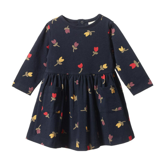 Nature Baby L/S Twirl Dress (Navy Tulip Print)